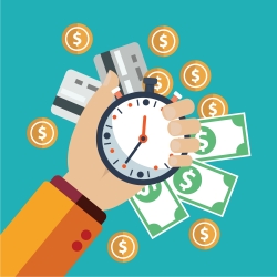 A drawing of a stopwatch in front of money and credit-cards.